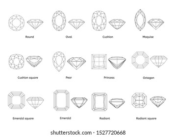A set of twelve sparkling water diamonds with out line shape of various shapes and designs with their name, Background top view Stock Illustration-3D rendering