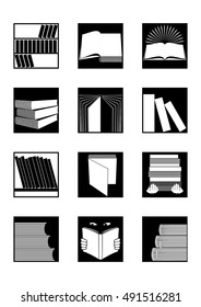 Set of twelve square black and white icons on books or library topic.