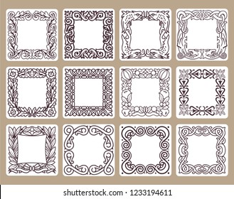 set of twelve square shaped labels with decorative frames in vintage style with flowers, laurel, dragons and dolphins