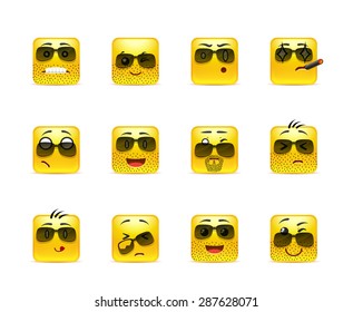 Set of twelve square smiley in anime yellow