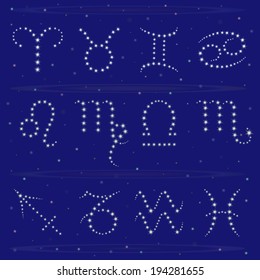 Set of twelve starry Zodiac signs vector illustration: Aries, Taurus, Gemini, Cancer, Leo, Virgo, Libra, Scorpio, Sagittarius, Capricorn, Aquarius, Pisces