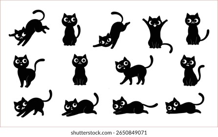 Um conjunto de doze silhuetas de gato preto estilizado em diferentes poses, exibido contra um fundo branco plano.Silhuetas de gato preto bonito em várias posas.