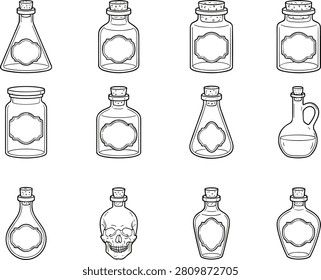 A set of twelve stylized glass bottle icons in a clean outline style featuring various shapes like flasks and skulls. These versatile graphics are perfect for apothecary branding, Halloween illustrations, and magical or scientific themed layouts.
