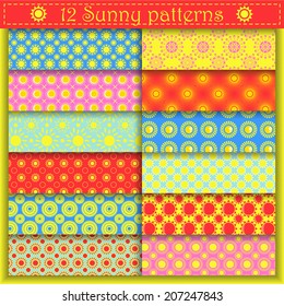 Set of twelve sunny vector seamless patterns. Endless texture can be used for web design, printing onto fabric and paper or scrapbooking. Yellow, red and green colors. Swatches included