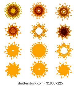 Set of twelve suns. Yellow rays. Creative design. African motifs. Silhouettes. Vector illustration.