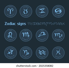 Set of twelve symbols of the zodiac signs on a dark blue background