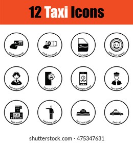 Set of twelve Taxi icons.  Thin circle design. Vector illustration.