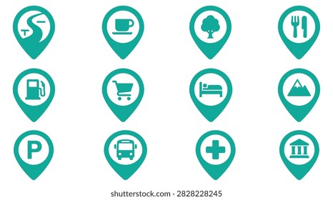 Set of twelve teal location pin icons representing various map markers such as cafe, restaurant, gas station, shopping cart, hotel, mountain, parking, bus, medical, and museum symbols.