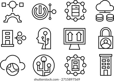 Set of twelve technology icons isolated on a transparent background