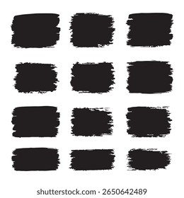 Conjunto de doze traçados de pincel preto texturizado para design gráfico.