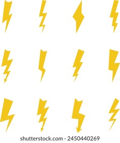 Set of twelve thunderstorms. Thunderbolt and high voltage icons on white background. Vector illustration