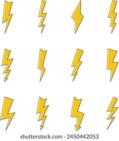 Set of twelve thunderstorms. Thunderbolt and high voltage icons on white background. Vector illustration outline design