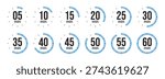 Set of twelve timer icons displaying time intervals from 5 to 60 minutes in five-minute increments for productivity and time tracking applications.
