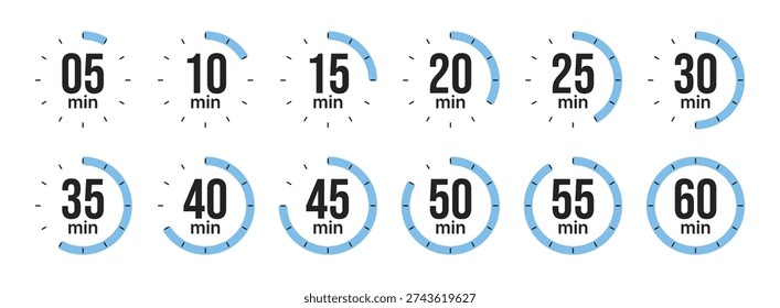 Set of twelve timer icons displaying time intervals from 5 to 60 minutes in five-minute increments for productivity and time tracking applications.