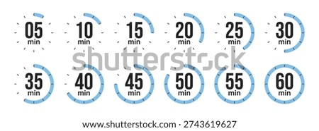Set of twelve timer icons displaying time intervals from 5 to 60 minutes in five-minute increments for productivity and time tracking applications.