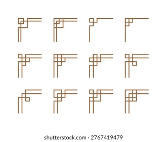 Set of twelve traditional Korean corner frames with geometric lattice patterns. Minimalist vector illustration of oriental decorative borders for greeting cards and Asian cultural events.