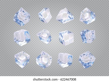 Set of twelve transparent ice cubes. 3d realistic vector mesh.