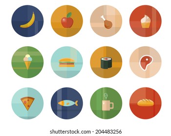 Set of Twelve Trendy Flat Vector Food and Drink Icons