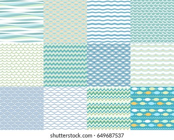 Set of twelve trendy sea waves patterns. Vector seamless ocean wavy backgrounds. Doodle hand drawn ribbons, borders, brush strokes, lines, design elements collection.
