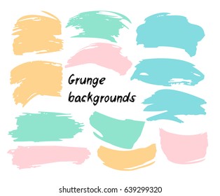Set of twelve trendy smeared vector backgrounds. Hand painted blue, orange, pink, and turquoise ink brush backdrops. Dirty grunge artistic design elements, buttons or text backgrounds.