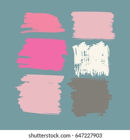 Set of twelve trendy smeared vector backgrounds. Hand painted blue, grey, pink, and white ink brush backdrops. Dirty grunge artistic design elements, buttons or text backgrounds.