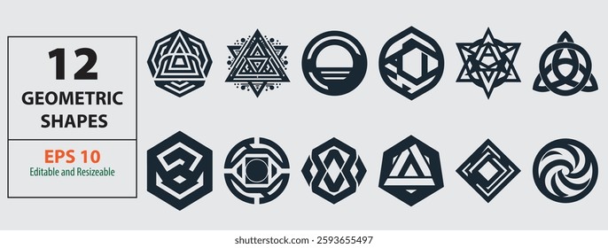 Set of Twelve Unique Abstract Geometric Vector Shape Designs.