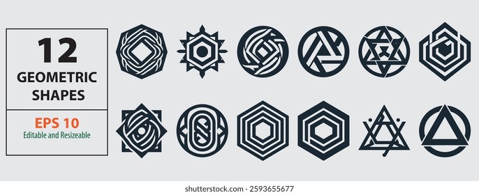 Set of Twelve Unique Abstract Geometric Vector Shape Designs.