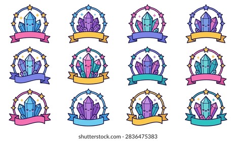 A set of twelve unique emblems featuring colorful crystals within star-shaped frames, each adorned with a decorative ribbon.