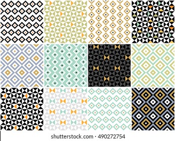 Satz von zwölf universellen, nahtlosen geometrischen Mustern. Endlose Textur kann für Tapeten, Armbanduhr, Musterfüllungen, Web-Hintergrund, Oberflächentexturen verwendet werden. Ribbbons, Ränder gesetzt.