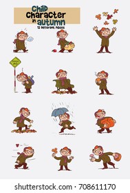 Set of twelve various poses of red hair child character, celebrating the arrival of autumn.
