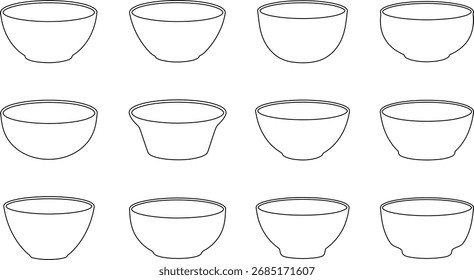 Conjunto de doze vário estilizado vazio tigelas utensílios de cozinha elemento de design