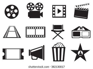 Set of twelve vector icon illustrations on cinema movie entertainment concept in black and white isolated on white background. 