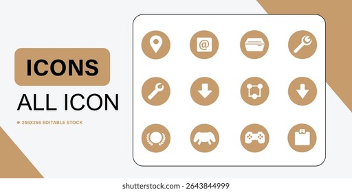 A set of twelve vector icons in circles with a neutral color palette, designed for various applications and uses.