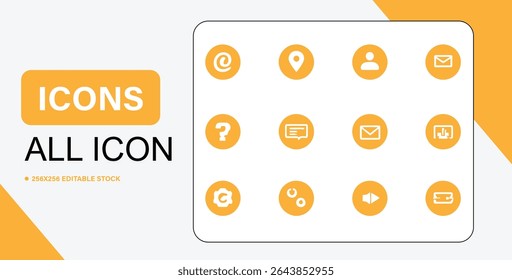 Um conjunto de doze ícones vetoriais em círculos, amarelo colorido com símbolos brancos, adequado para web e design de aplicativo.