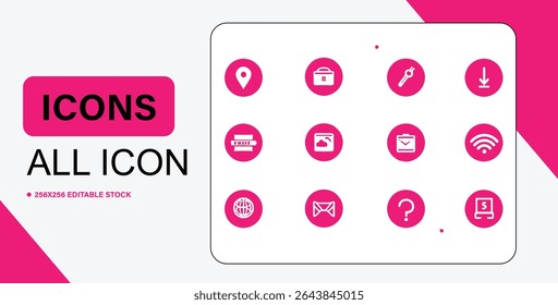 Um conjunto de doze ícones vetoriais em círculos cor-de-rosa, representando localização, casa, chave inglesa, download, livros, imagem, e-mail, wifi e muito mais.