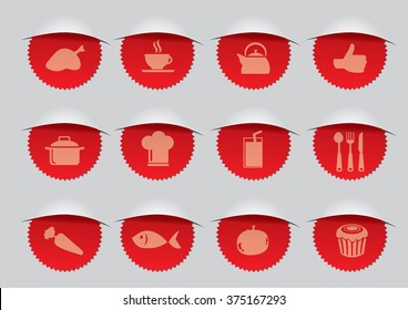 Set of twelve vector illustration of real seal with food, beverages and kitchen icons clipped in metallic surface. Suitable for F&B business.