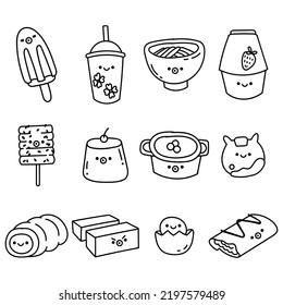 Conjunto de doce ilustraciones vectoriales. Diversas insignias, pegatinas con graciosos personajes de dibujos animados. Comida asiática y dulces. Iconos para el diseño de menús.