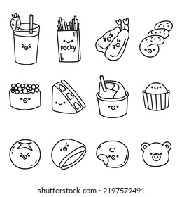 Set of twelve vector illustrations. Various badges, stickers with funny cartoon characters. Asian food and sweets. Icons for menu design.