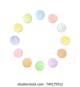Set of twelve vector realistic pills located around isolated on transparent background. Medicines, tablets, capsules, drug of painkillers, antibiotics, vitamins.