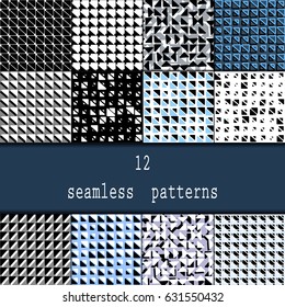 Set of twelve vector seamless patterns. Seamless stylish modern geometric backgrounds with repetition of triangles with rounded corners. Black, white and blue colors for use in textiles design