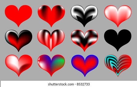 Set of Twelve Vector Valentine Hearts