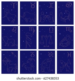Set of twelve vector Zodiac sign starry contours: Aries, Taurus, Gemini, Cancer, Leo, Virgo, Libra, Scorpio, Sagittarius, Capricorn, Aquarius, Pisces