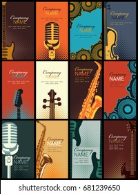 set of twelve vertical business cards with musical instruments