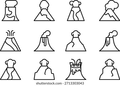 Set of twelve volcano icons isolated on transparent background