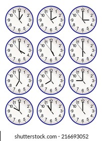 Set of twelve wall clock for every hour, to indicate world international time zone. Different time, isolated on white background eps10, school, airport and office design vector art image illustration