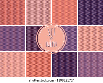 Set of twelve wallpaper patterns in orange and purple hues, seamless vector repeat.  Trendy vintage style. Great for apparel design, invitation cards, home decor, scrapbooking, wrapping paper etc.