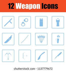 Set of twelve weapon icons. Blue frame design. Vector illustration.