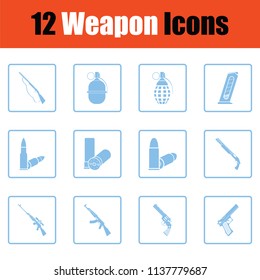 Set of twelve weapon icons. Blue frame design. Vector illustration.