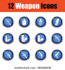 Set of twelve weapon icons.  Glossy button design. Vector illustration.