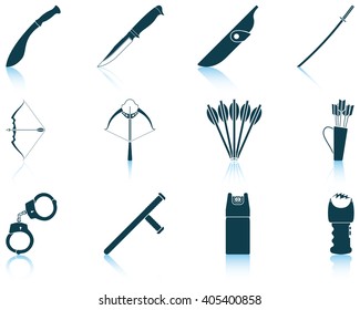 Set of twelve weapon icons with reflections. Vector illustration.
